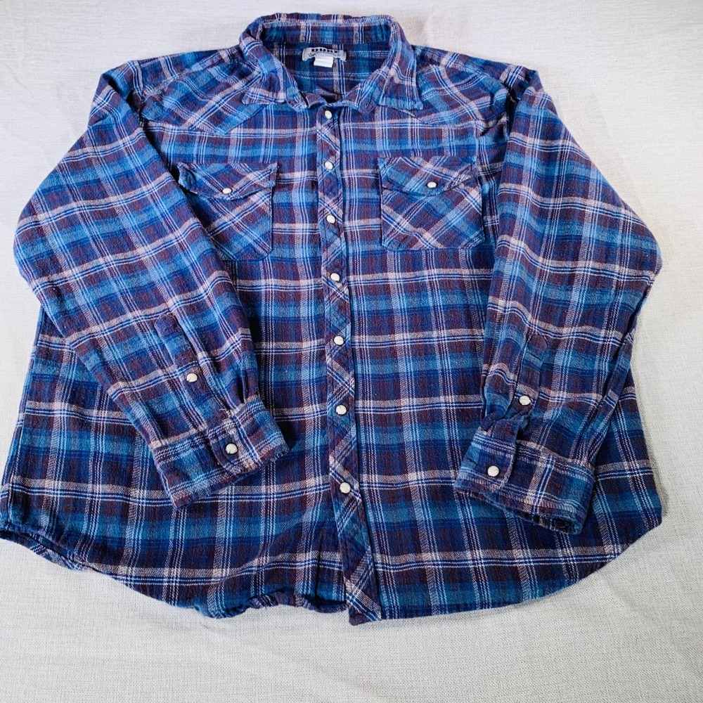 Duke Haband Men's XL Blue Plaid Flannel Western Snap Button‎ Shirt